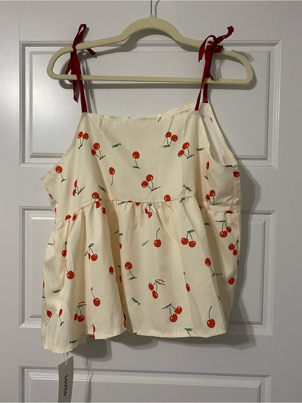 Women’s Cream Cherry Print Tie-Strap Casual Top